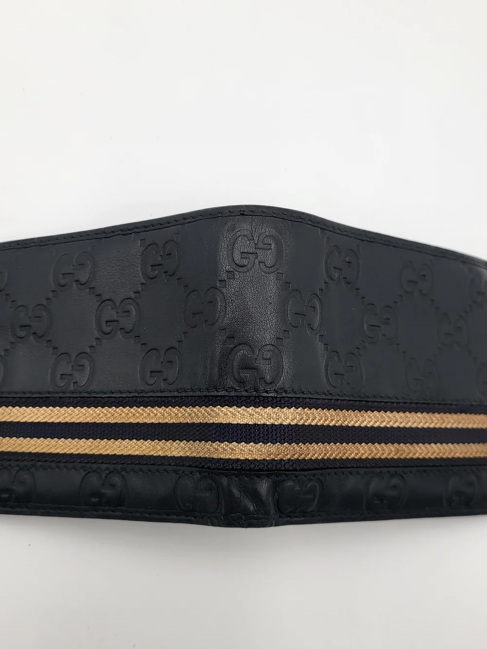 Gucci Royal Blue Embossed Leather Bifold Wallet with Beige/Blue Web Stripe Auth.